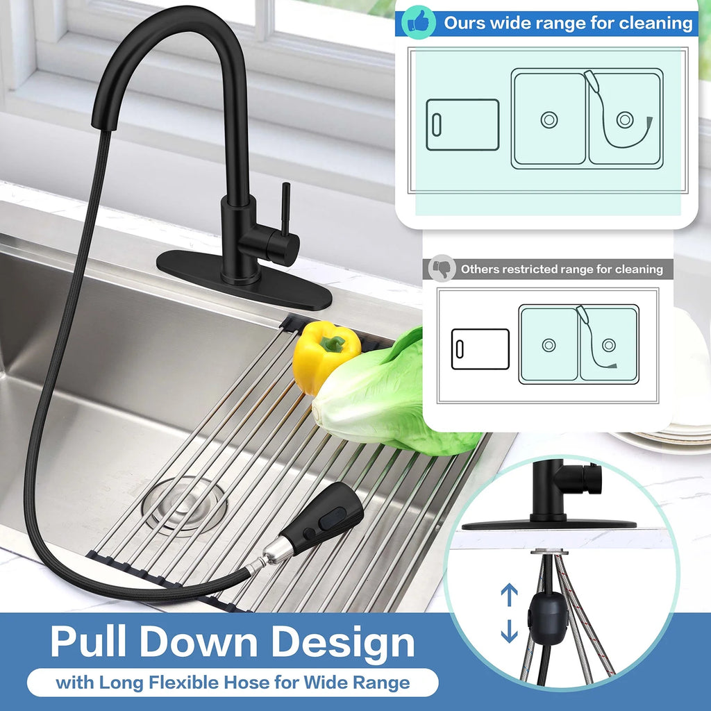 18/10 Stainless Steel Matte Black Kitchen Sink Faucet with Pull Down Sprayer I5373