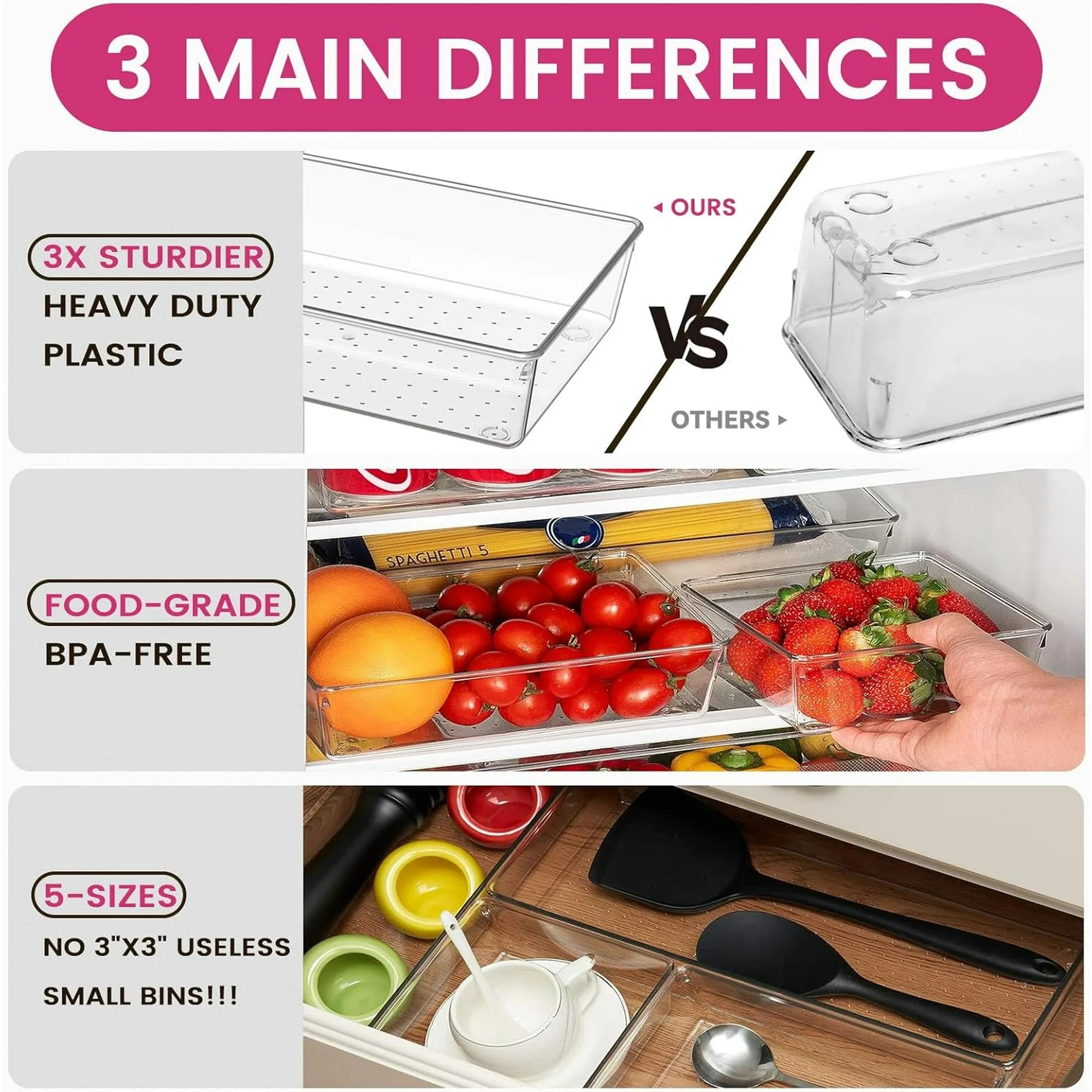 26 Pack Clear Plastic Drawer Organizer Bins - 5 Size Heavy Duty Acrylic Drawer Organizers N348