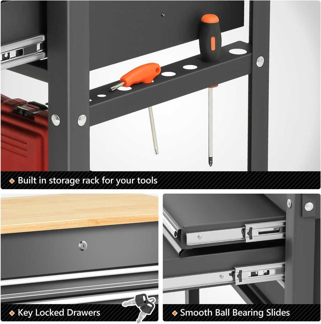 Black 3-Drawer Wood Top Rolling Tool Chest U126