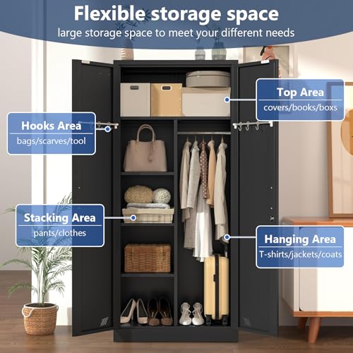 White Metal Armoire Wardrobe Closet with 2 Doors & 2 Drawers and Hanging Rod J3526