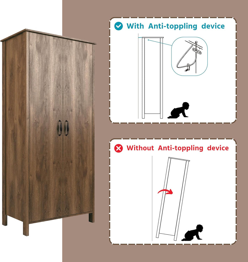 Walnut Brown 2-Doors Wood Armoire Wardrobe Closet with Fixed Shelves and Hanging Rack M110984