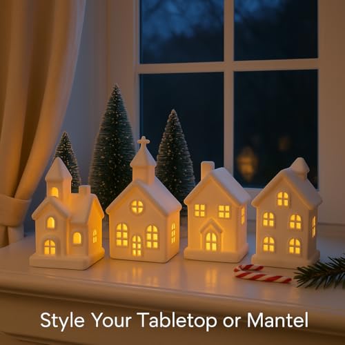 9 Pcs Christmas Village Figurines Sets - 4 Lighted Ceramic Houses with Remote Control & 5 Trees - White Christmas Decorations L2657
