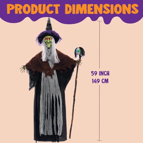 59” Halloween Decorations Outdoor Hanging Witch with Light Up Skull Skeleton Wand Sound Activated L24154