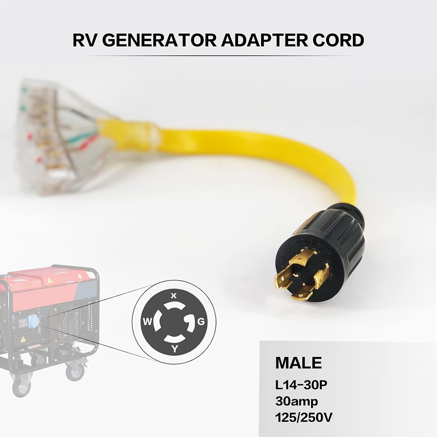 4 Prong 30 Amp to 30 Amp RV Generator Adapter Cord with LED Power Indicator 12 Inch STW 10/3 Yellow T838963