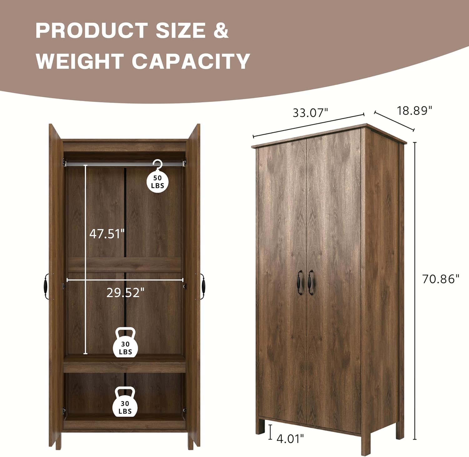 Walnut Brown 2-Doors Wood Armoire Wardrobe Closet with Fixed Shelves and Hanging Rack M110984