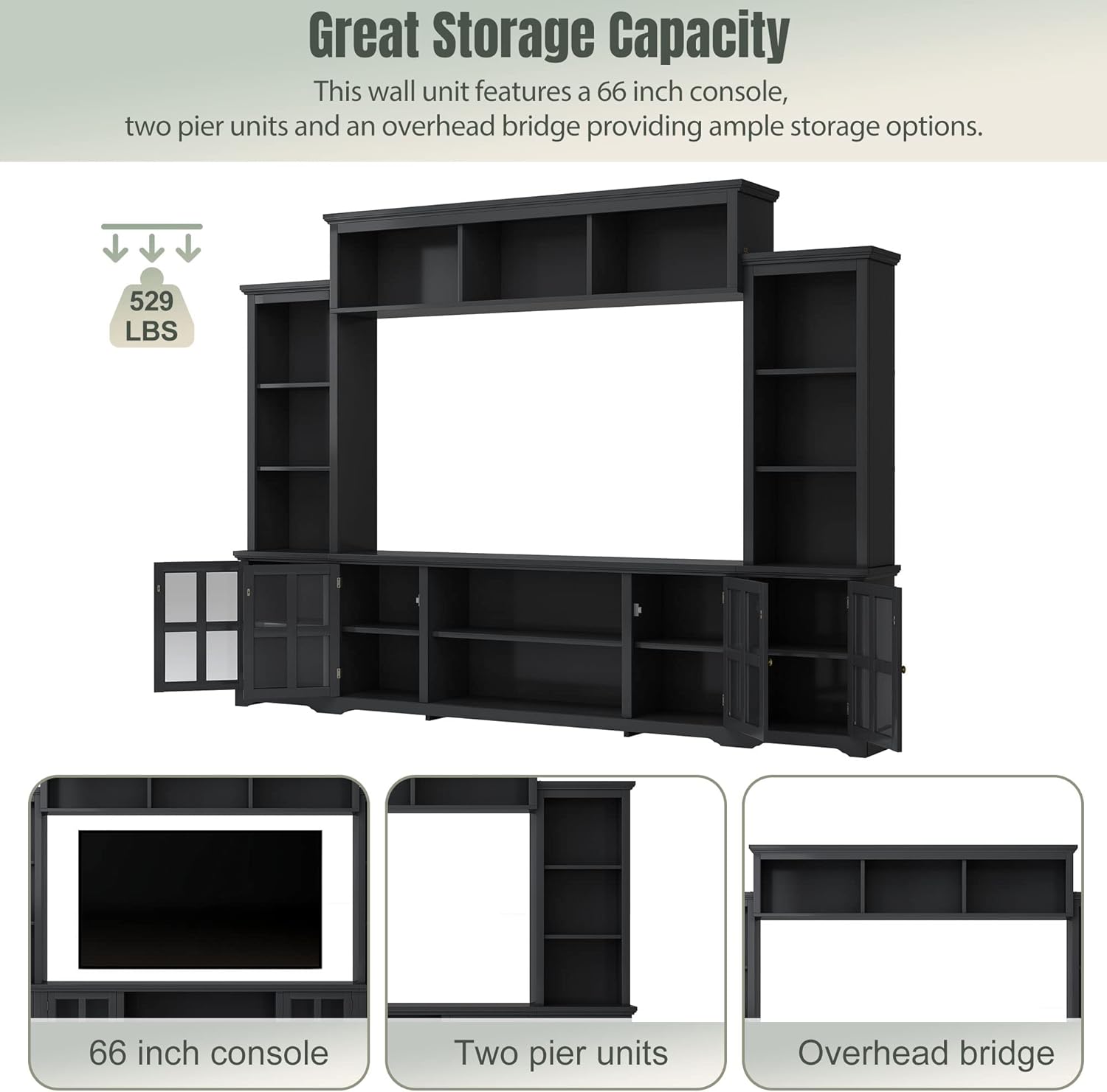 Black 104 Inch Entertainment Wall Unit with Tempered Glass Door U65357
