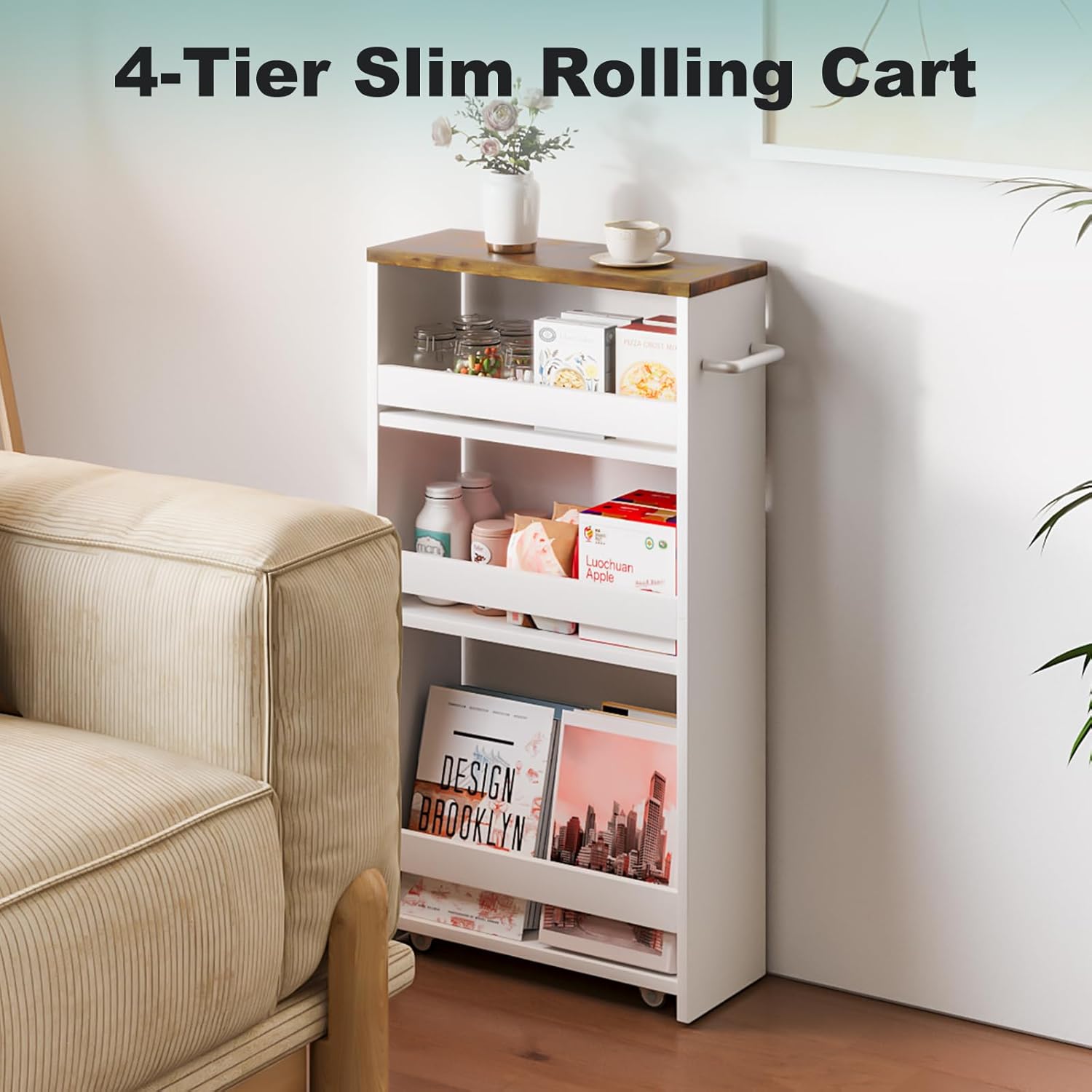 4-Tier Wood White Rolling Storage Cart D9690