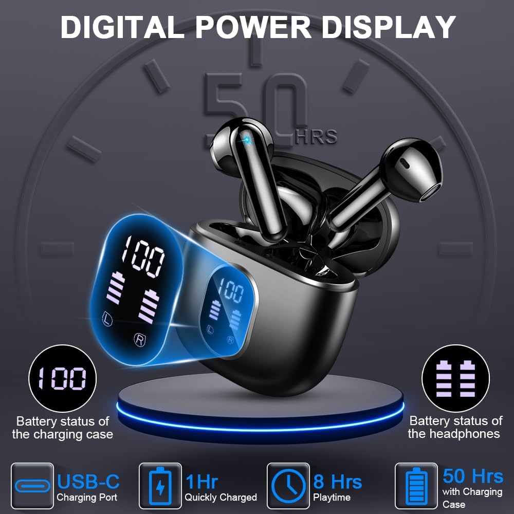 Wireless Earbuds Bluetooth 5.3 50H Playback Hi-Fi Stereo 4 ENC Mics LED Display Charging Case IP7 Waterproof W107249