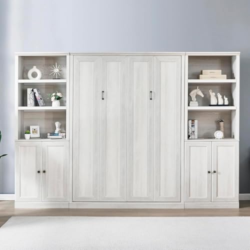 Queen Size White Wood Murphy Bed with Storage Bookcase Shelves T158053