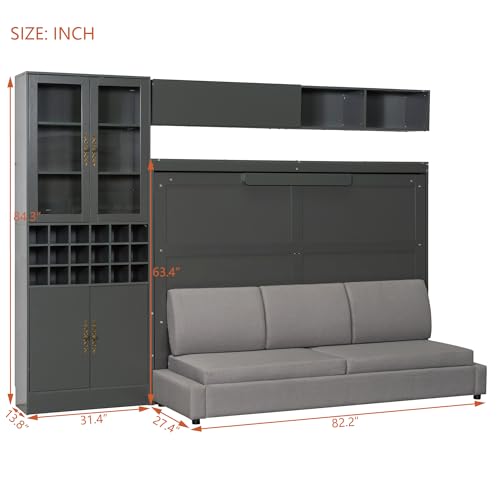 White Wooden Full Size Murphy Bed Frame with Sofa and Storage Shelves G392