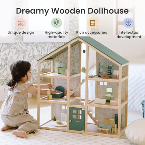6 Rooms Wooden Dollhouse with 31Pcs Furniture Accessories G3773