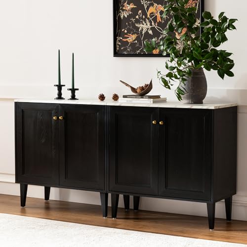 Black Storage Cabinet with Faux Marble Top and Adjustable Shelves D841