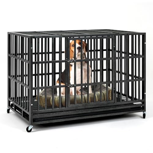 48 Inch Heavy Duty Steel Dog Crate with Wheels and Removable Tray S4564