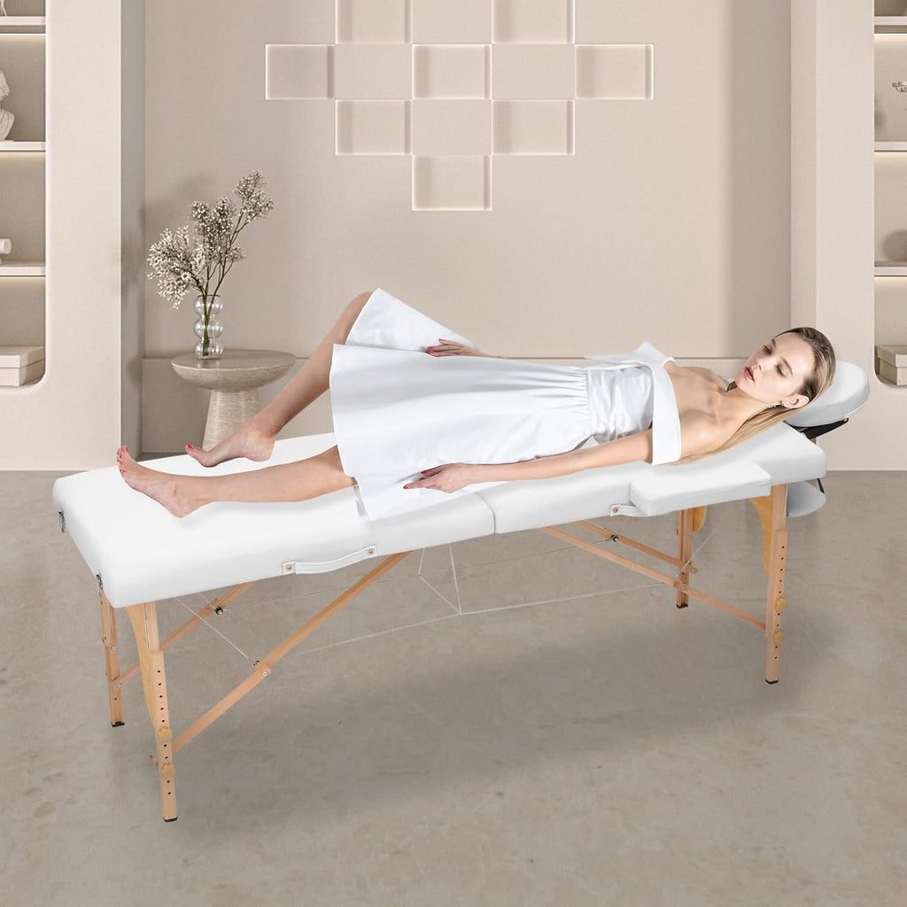 White Beechwood PVC Folding Massage Table with Carry Case K9458