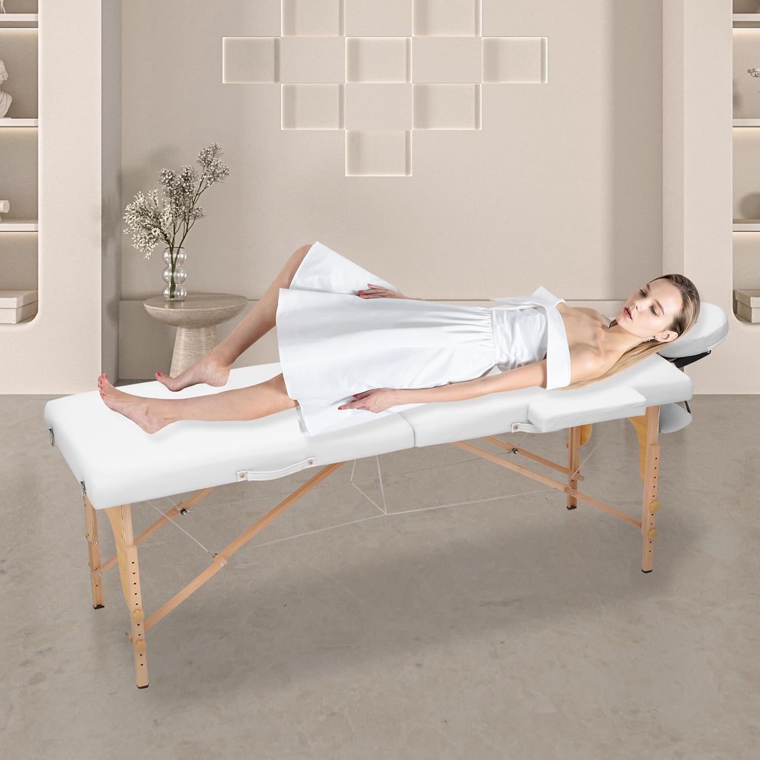 White Beechwood PVC Folding Massage Table with Carry Case K9458