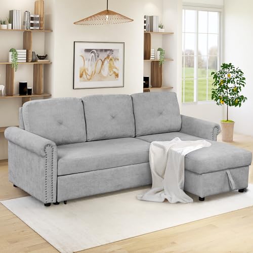 Gray Velvet L Shaped Sleeper Sectional Sofa with Storage Chaise Lounge N386891