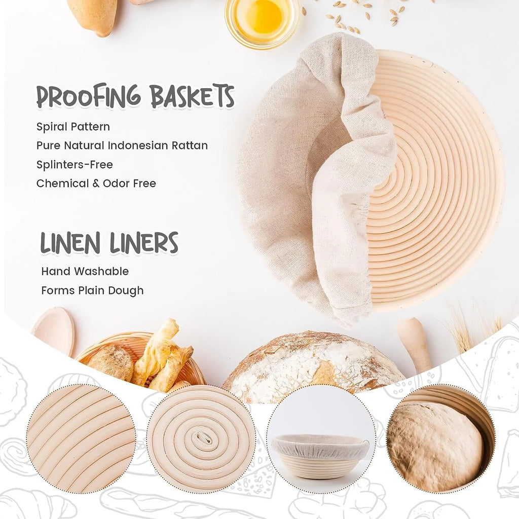 Round Bread Dough Proofing Rattan Baskets (Set of 2, 9 inch) with Liners Y712