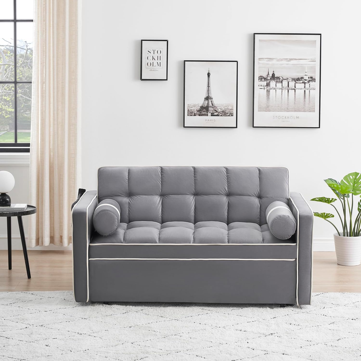 3 in 1 Sleeper Sofa Pull Out Bed, Velvet Convertible SofaBed, 55" Loveseat with Adjustable Backrest, Gray T7512