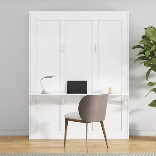 White Wood Full Murphy Bed with Shelf J528246