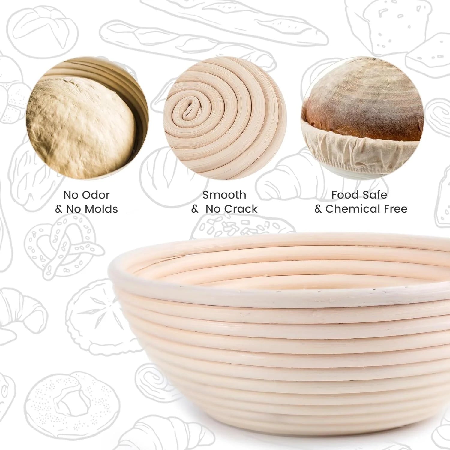 Round Bread Dough Proofing Rattan Baskets (Set of 2, 9 inch) with Liners Y712
