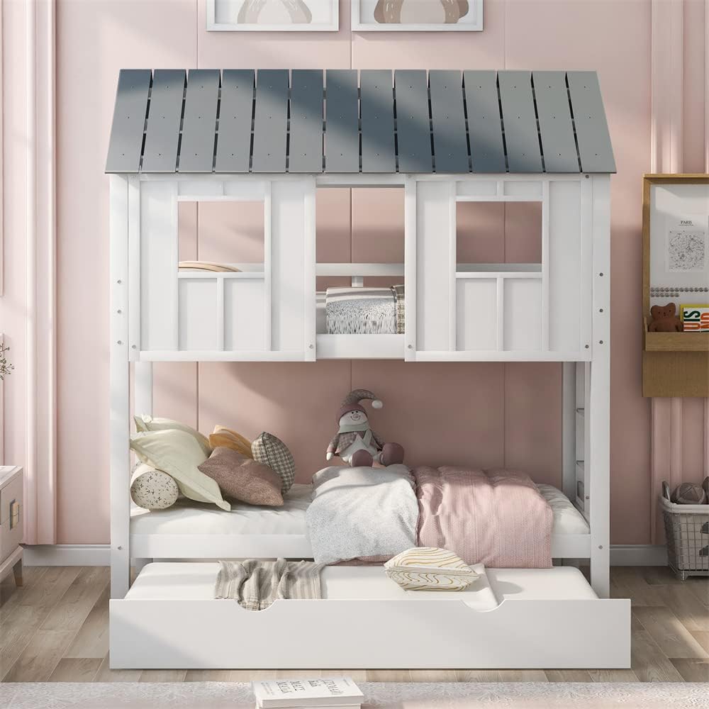 White Wood Twin Over Twin Bunk Bed with Trundle N78992