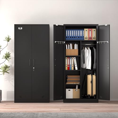White Metal Armoire Wardrobe Closet with 2 Doors & 2 Drawers and Hanging Rod J3526