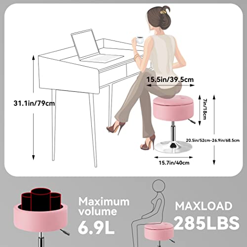 Black PU Leather Adjustable Height 17.9" to 24.4" Round Vanity Stool with Storage L25724