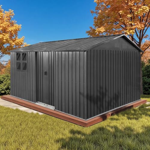 Grey Metal Outdoor Storage Shed with Windows and Lockable Doors L12614