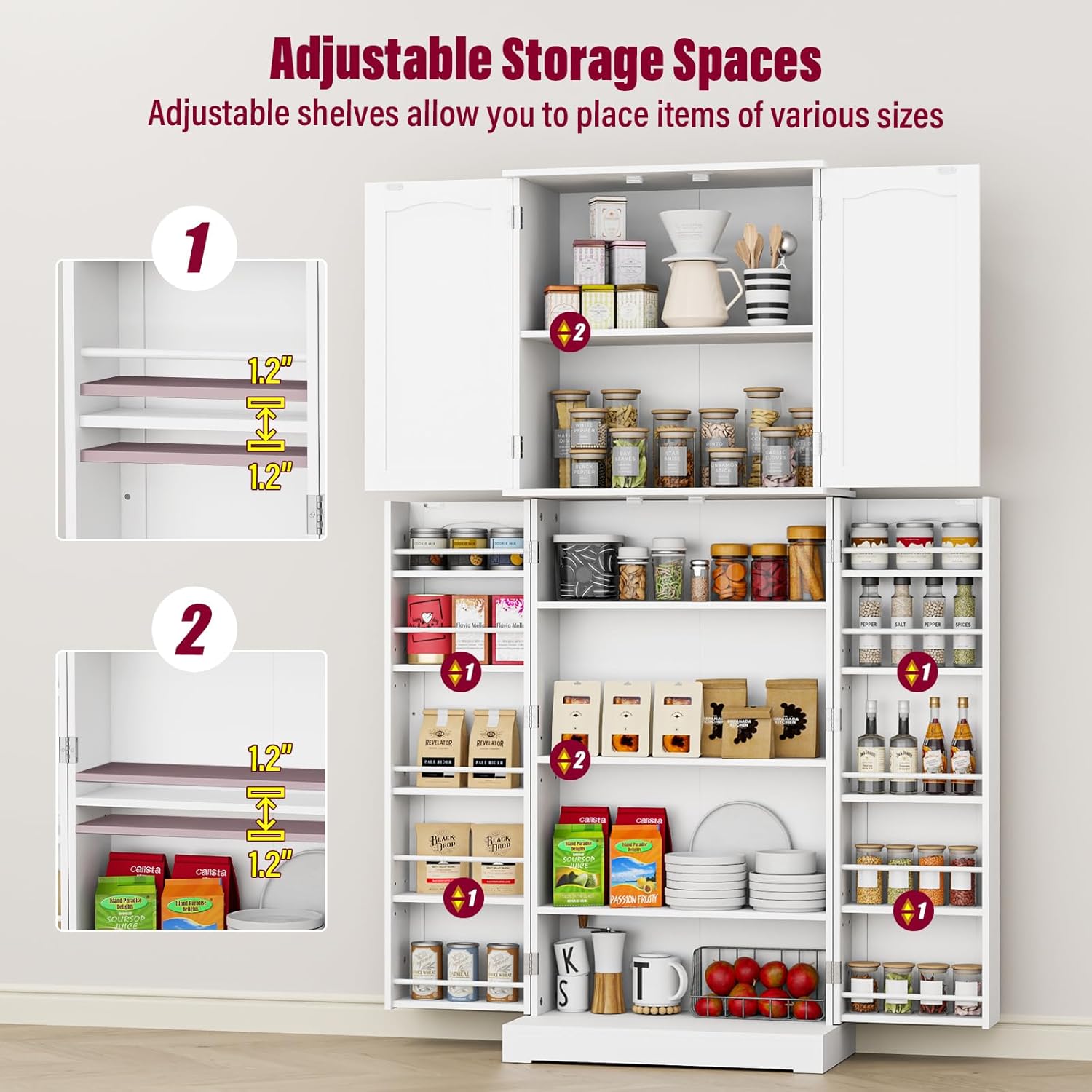 White Tall Freestanding Kitchen Pantry Cabinet with Doors and Shelves O44587