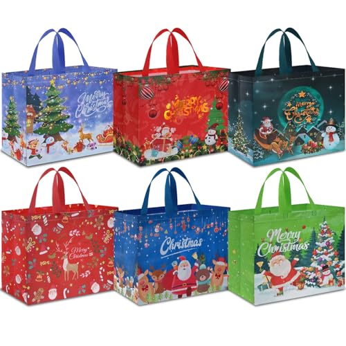 12 PCS Assorted Sizes Reusable Non-Woven Christmas Tote Bags with Handles W803294