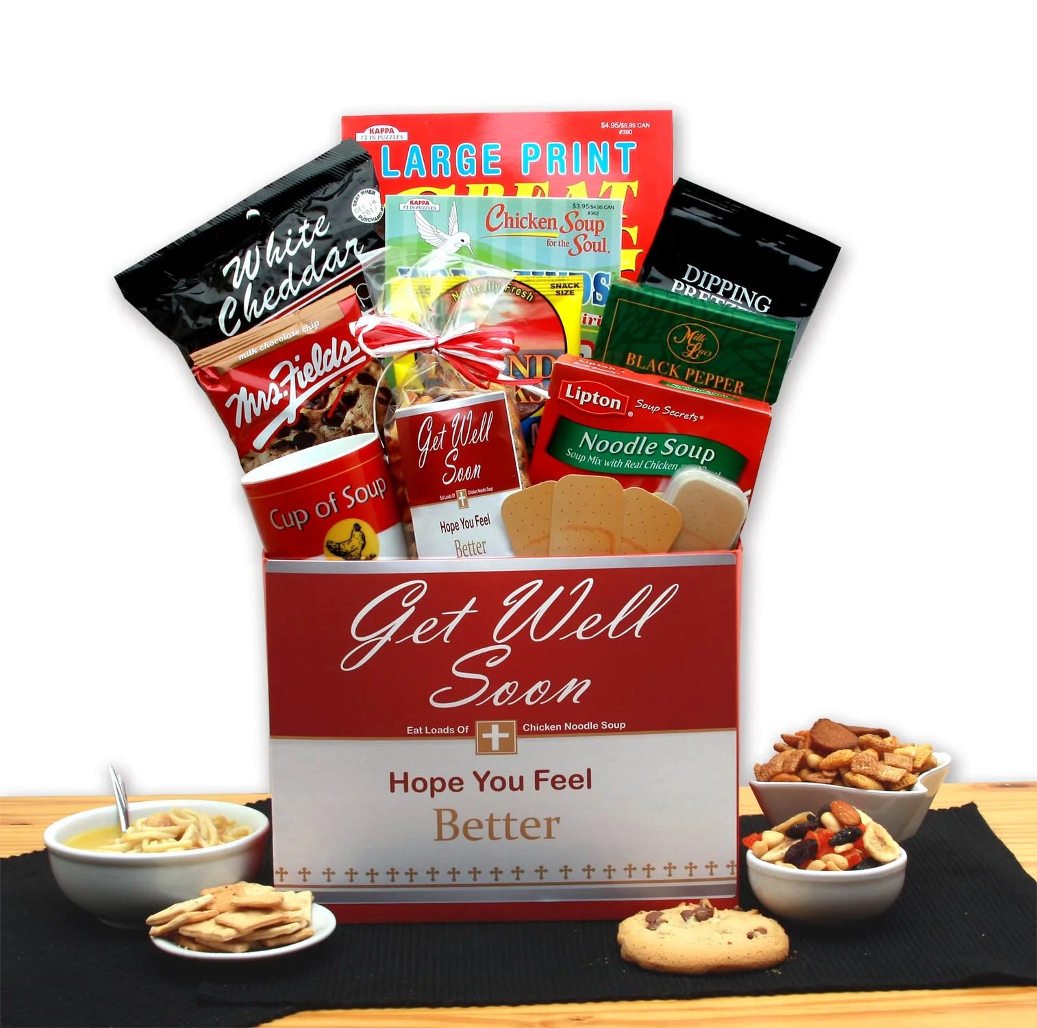 12 pc Gift Basket with Chicken Noodle Soup Chocolate Chip Cookies and Pretzel Rods L9150