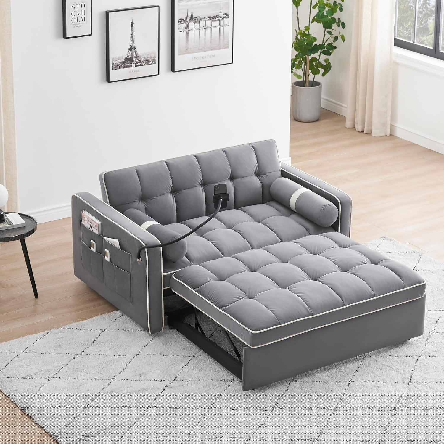 3 in 1 Sleeper Sofa Pull Out Bed, Velvet Convertible SofaBed, 55" Loveseat with Adjustable Backrest, Gray T7512