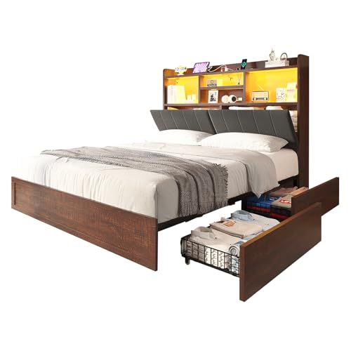 Black Farmhouse Bed Frame with Bookcase Headboard and 4 Drawers X296441