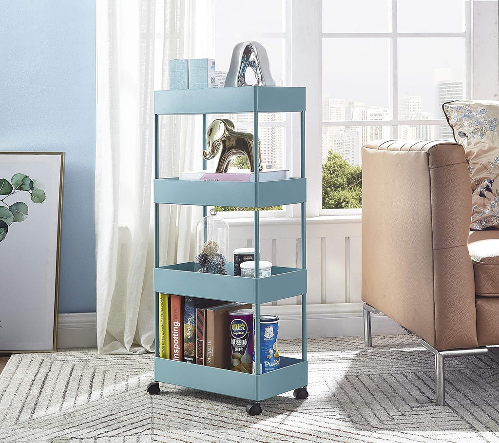 Blue 4-Tier Plastic Rolling Cart with Slim Shelves Z23925