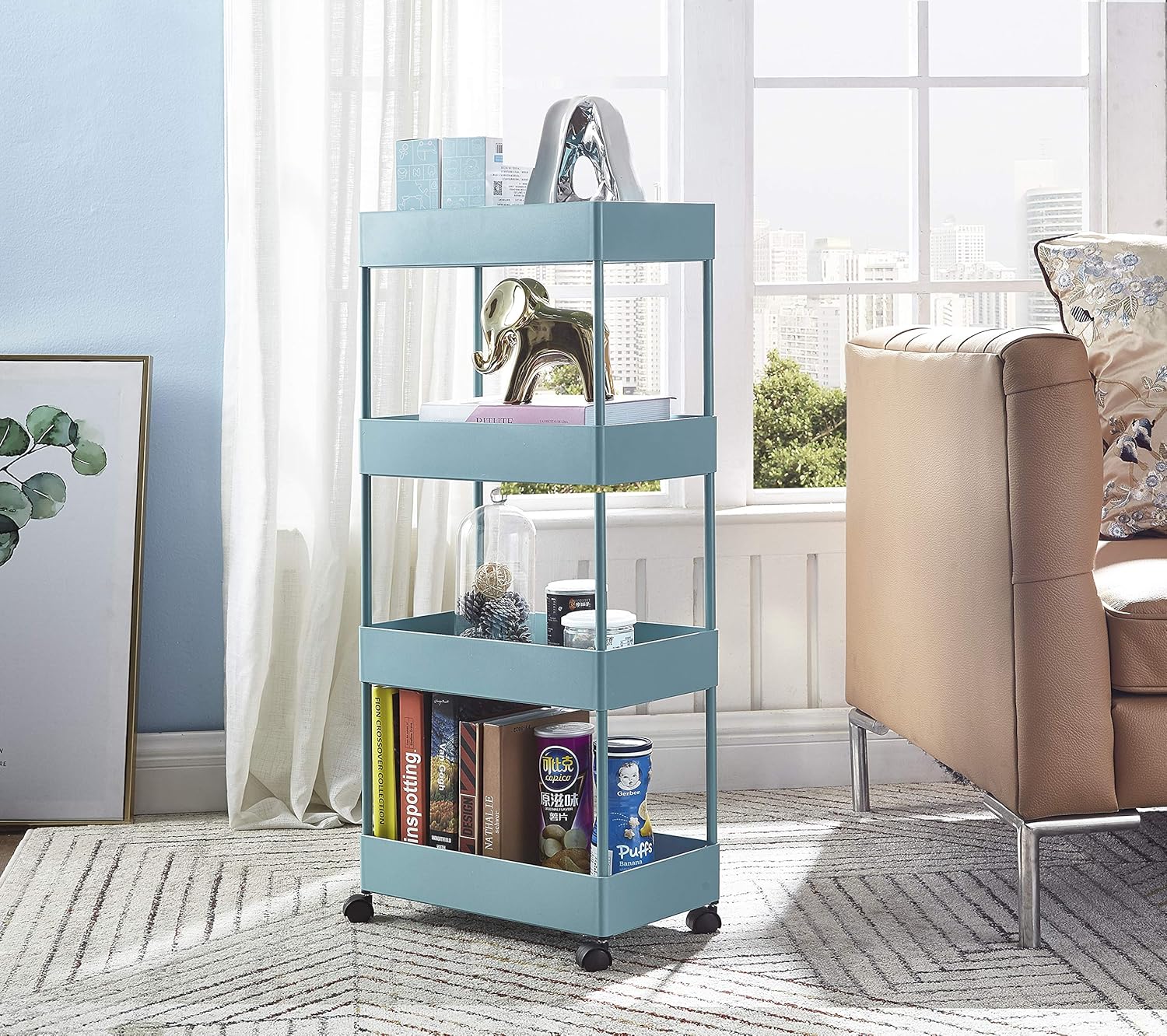 Blue 4-Tier Plastic Rolling Cart with Slim Shelves Z23925