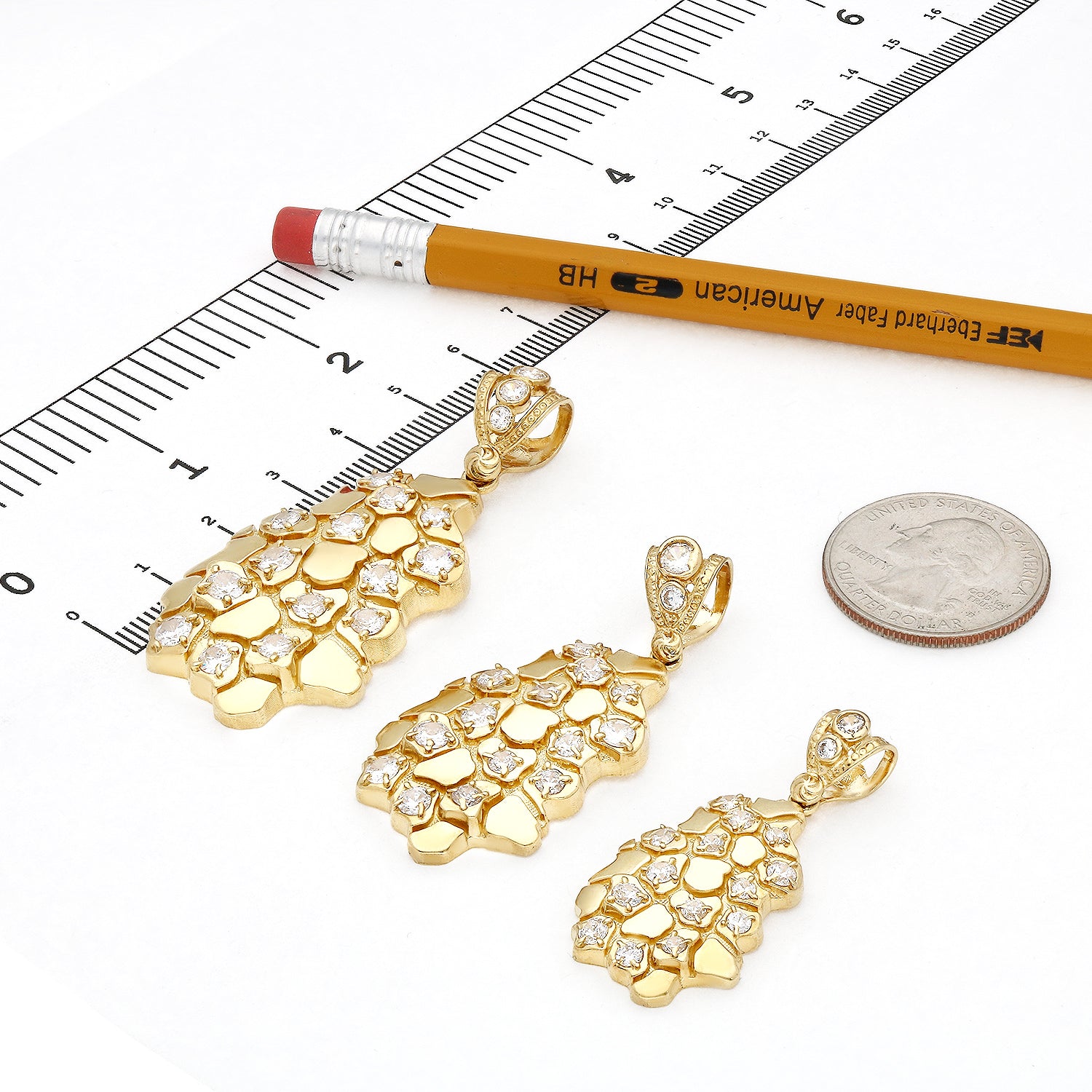 10K Yellow Gold Simulated Diamond Nugget Pendant 1.5"-2.3" N156