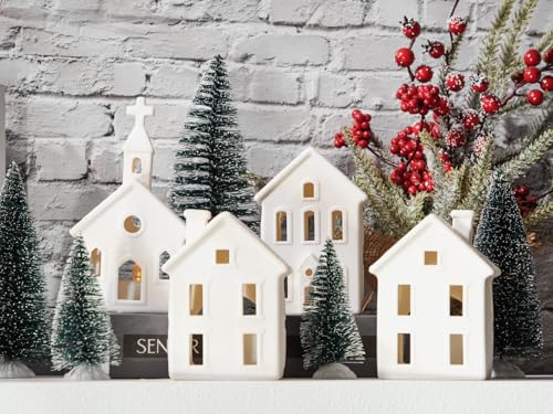 9 Pcs Christmas Village Figurines Sets - 4 Lighted Ceramic Houses with Remote Control & 5 Trees - White Christmas Decorations L2657
