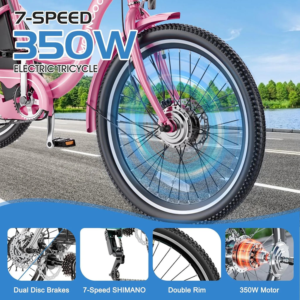 24" 26" 3 Wheel Electric Tricycle, 350W 36V 14.5Ah 7 Speeds D937