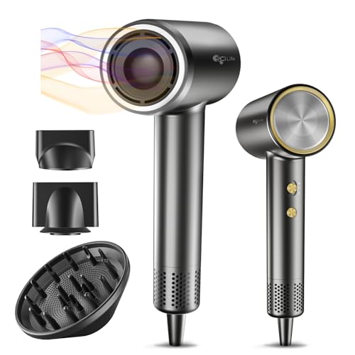 Hair Dryer with Diffuser, 110,000 RPM Brushless High-Speed, 1400W Low Noise Thermo-Control, Magnetic Nozzle and Wall Mount Holder I5516