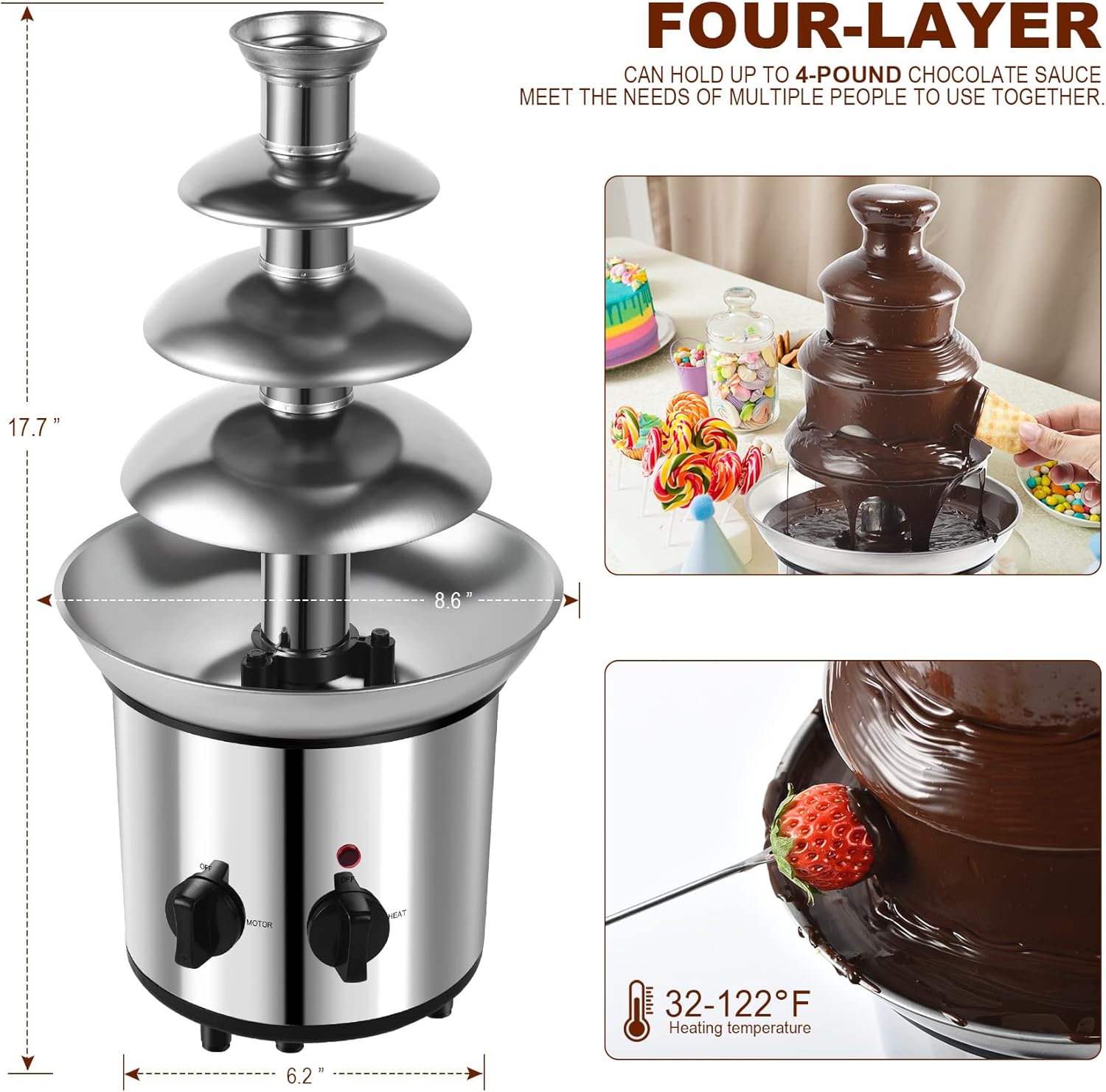 4 Tiers Electric Chocolate Fondue Fountain Set with 6pcs Stainless Steel Forks W118