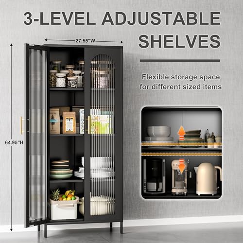 Black 65" Metal Storage Cabinet with Glass Doors and 3 Adjustable Shelves X843