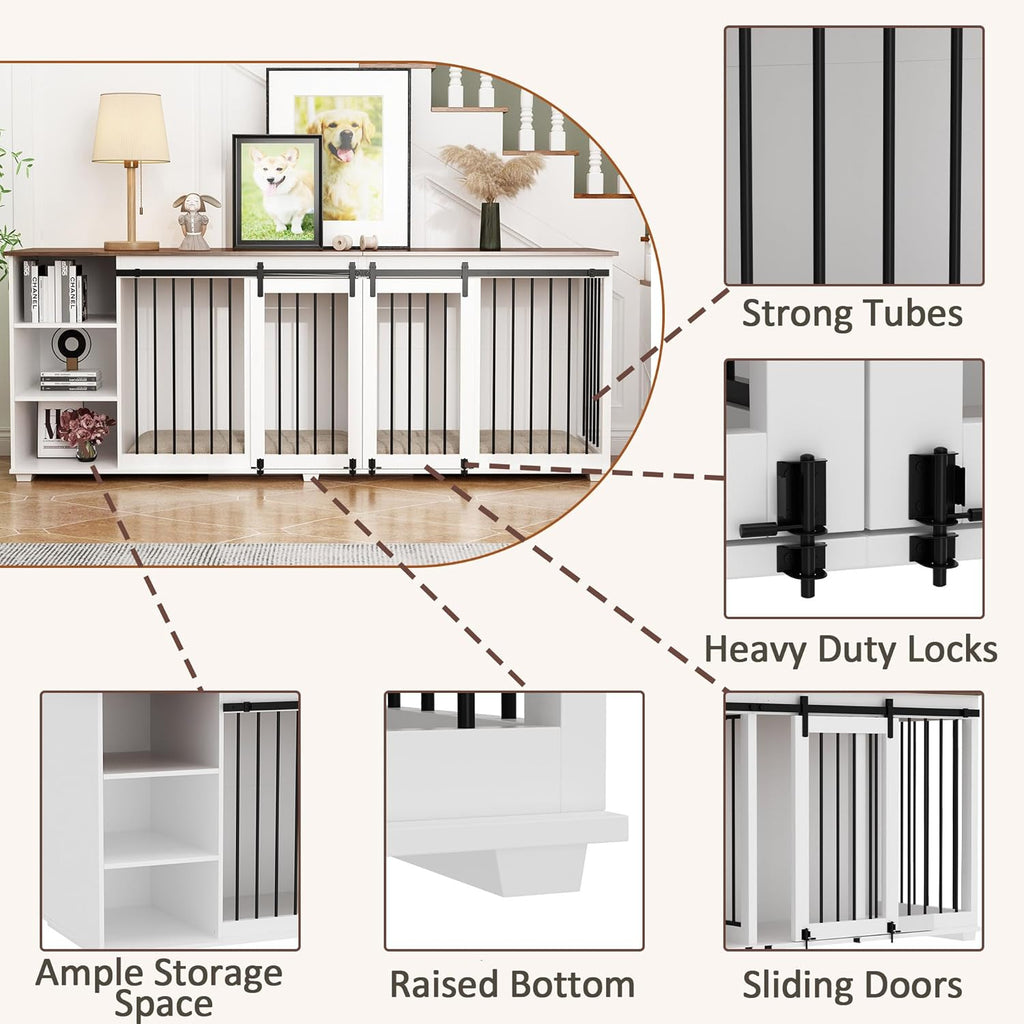 White 86.6" Wooden Dog Crate Furniture with Shelves, Divider & Sliding Door U742858