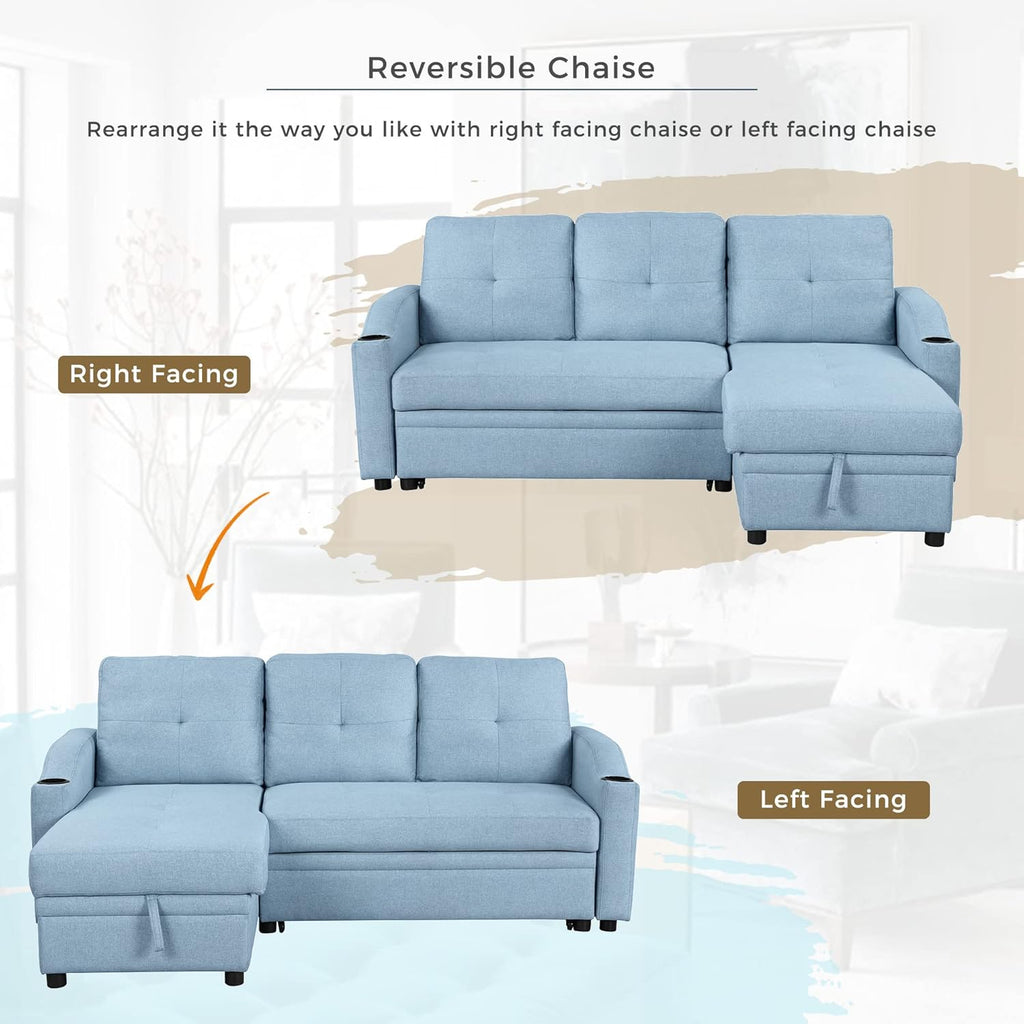 Blue Linen Fabric L-Shape Convertible Sleeper Sofa with Pull-Out Bed O890