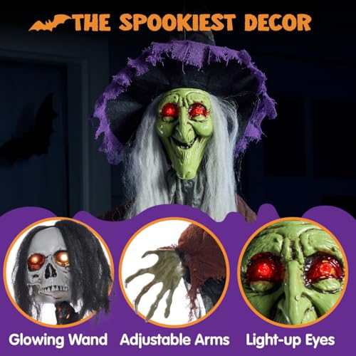 59” Halloween Decorations Outdoor Hanging Witch with Light Up Skull Skeleton Wand Sound Activated L24154