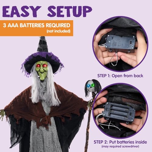 59” Halloween Decorations Outdoor Hanging Witch with Light Up Skull Skeleton Wand Sound Activated L24154