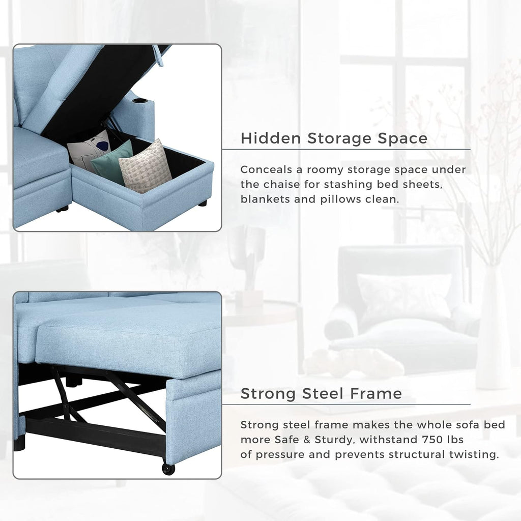 Blue Linen Fabric L-Shape Convertible Sleeper Sofa with Pull-Out Bed O890