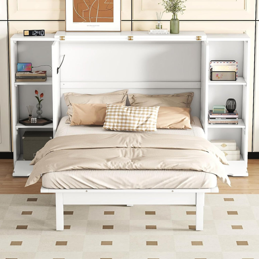 White Queen Size Murphy Bed with Shelves and Drawers P415