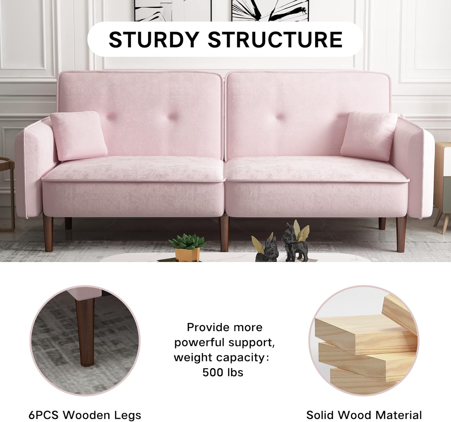 Pink Velvet Convertible Sofa Bed with Magazine Bag N1020