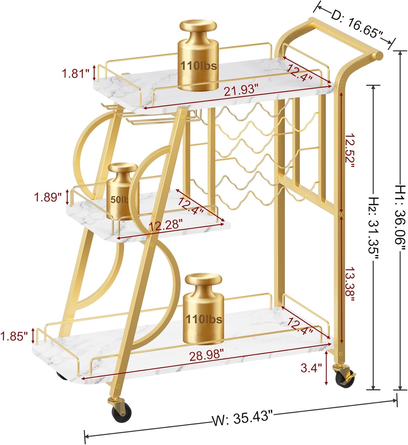 Gold Bar Cart with Wine Rack J535
