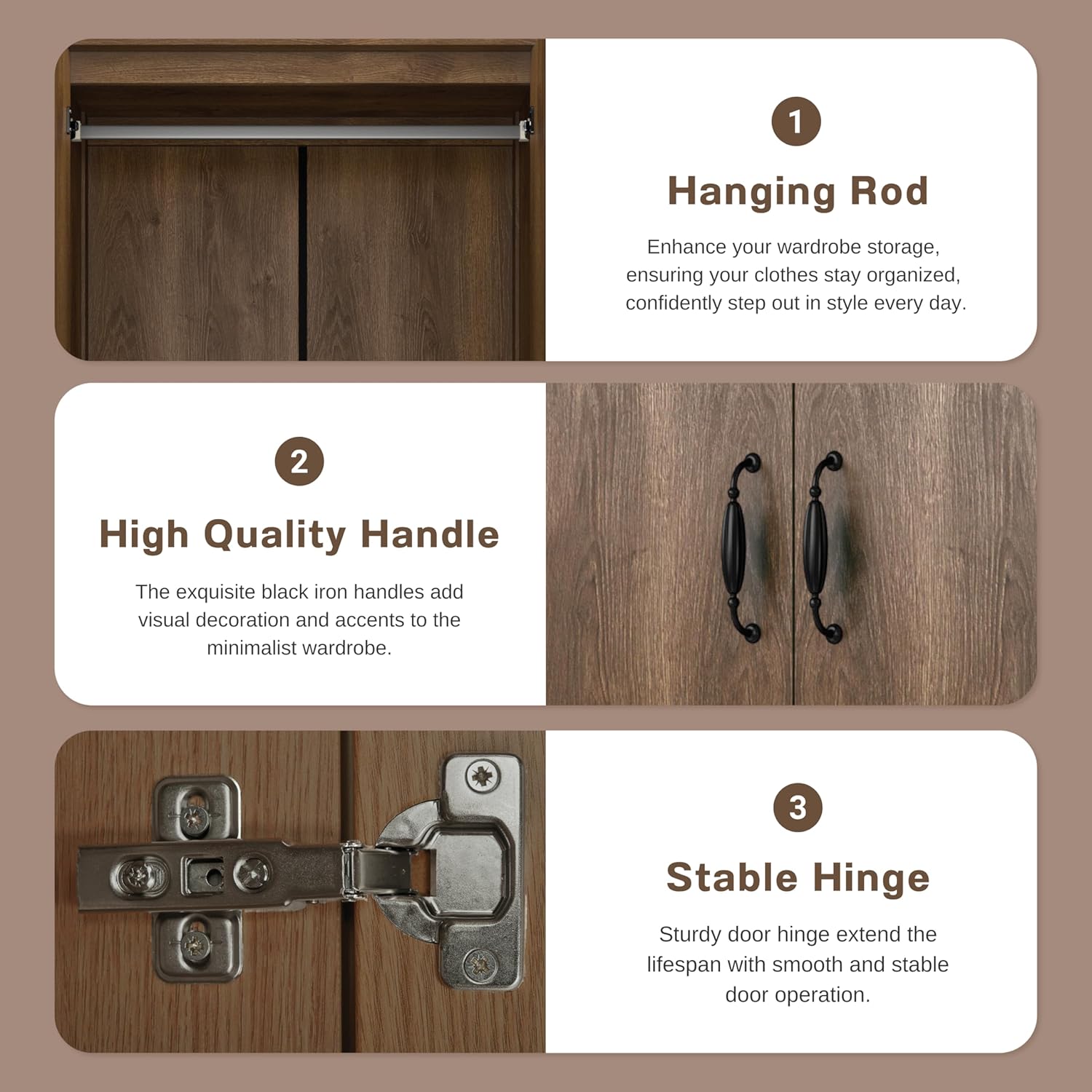 Walnut Brown 2-Doors Wood Armoire Wardrobe Closet with Fixed Shelves and Hanging Rack M110984